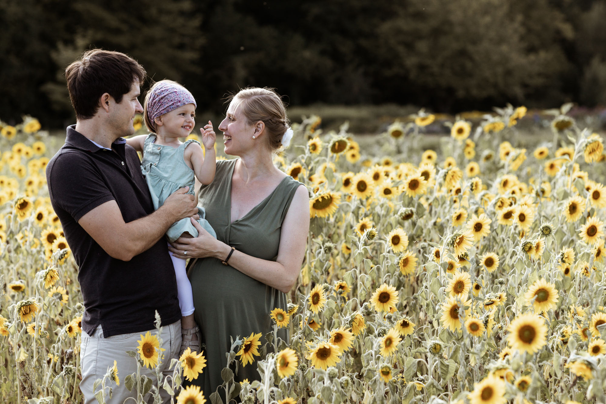 Babybauch und Familienfotoshooting in den Merian Gärten - Die Familie im Sonnenblumenfeld