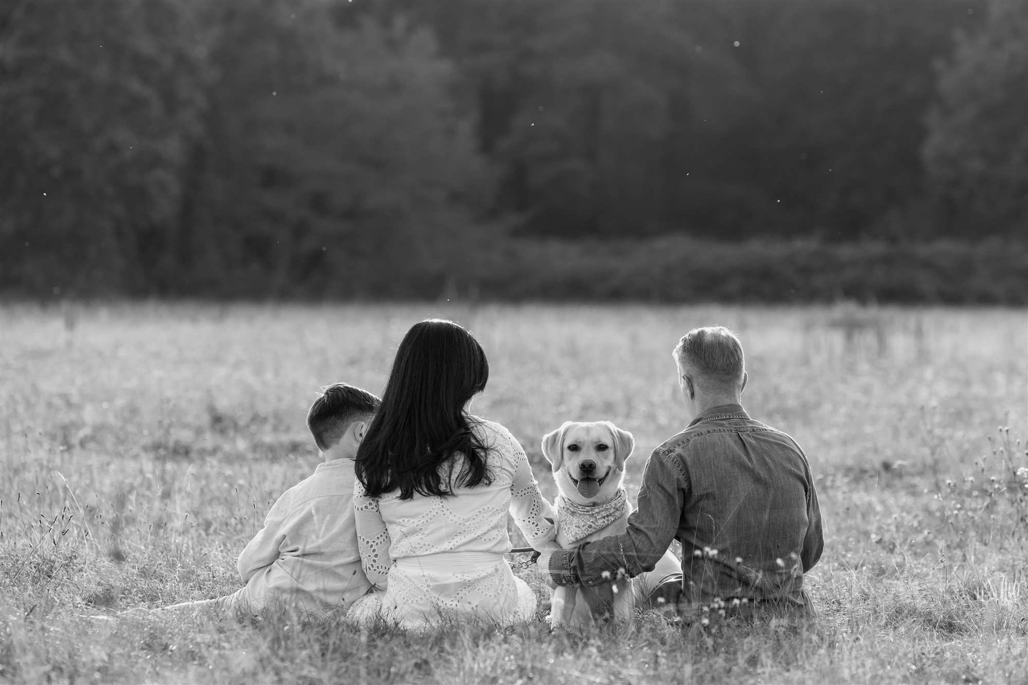 Die Familie und der Hund beim Familienfotoshooting in der Natur - Fotografin Nicole Kym von Nicole.Gallery aus Basel